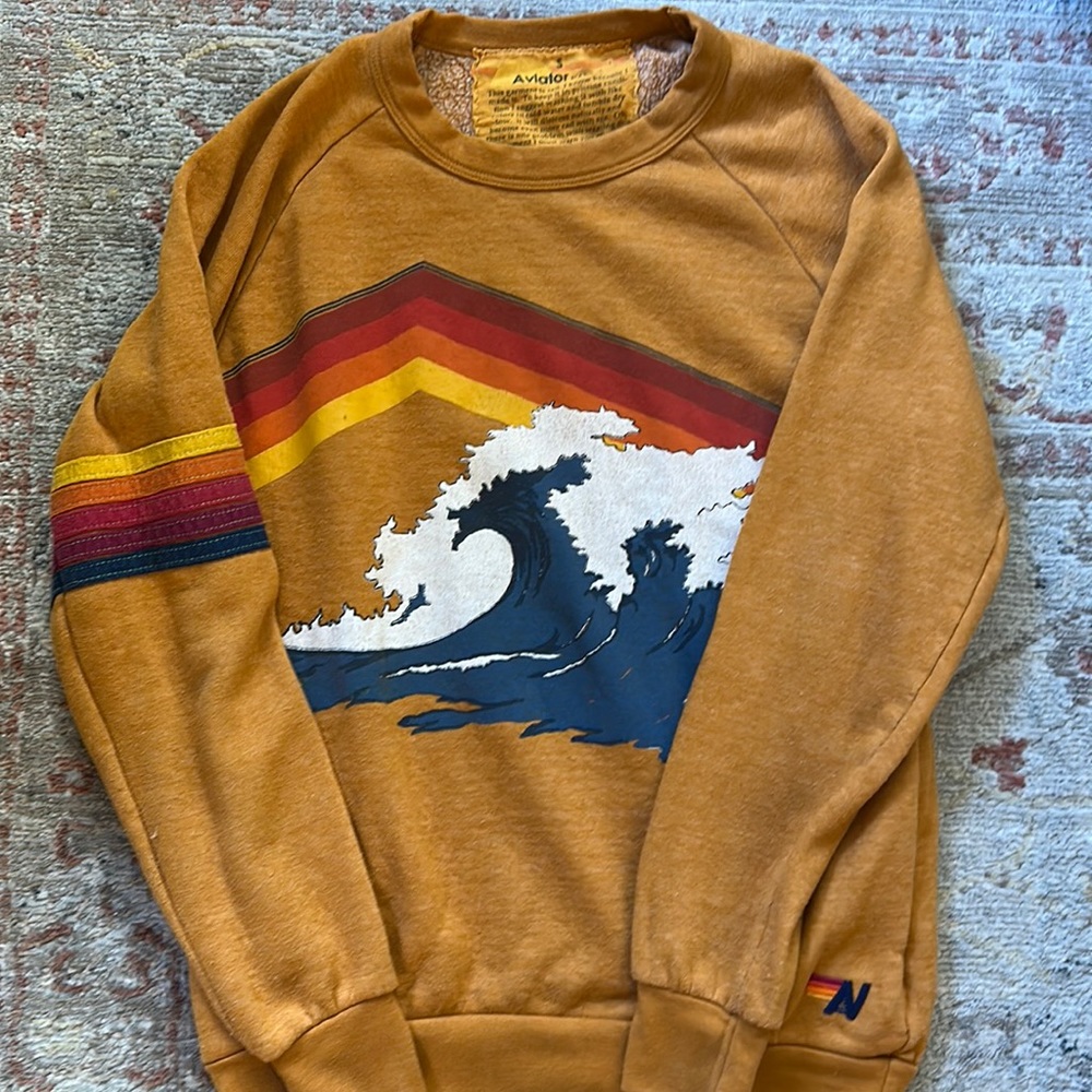 Aviator Nation Mustard Yellow Crew Neck Sweater Mountain Wave Size Small